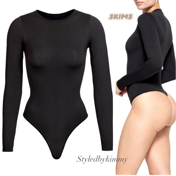 SKIMS ESSENTIAL CREW NECK LONG SLEEVE BODYSUIT NWT S/M Onyx Black - Picture 8 of 8